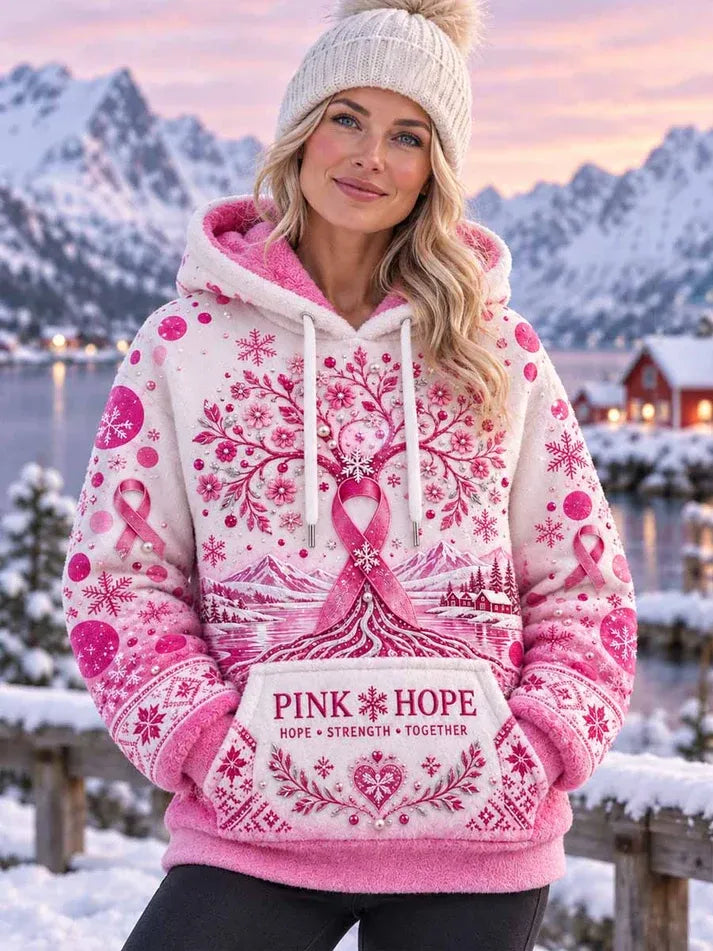 Women's Winter Theme For Breast Cancer Prevention And Awareness Printed Casual Hooded