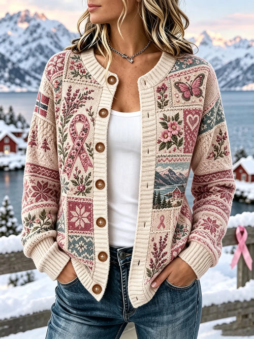 Women'S Winter Theme for Breast Cancer Prevention And Awareness Cozy Cardigan