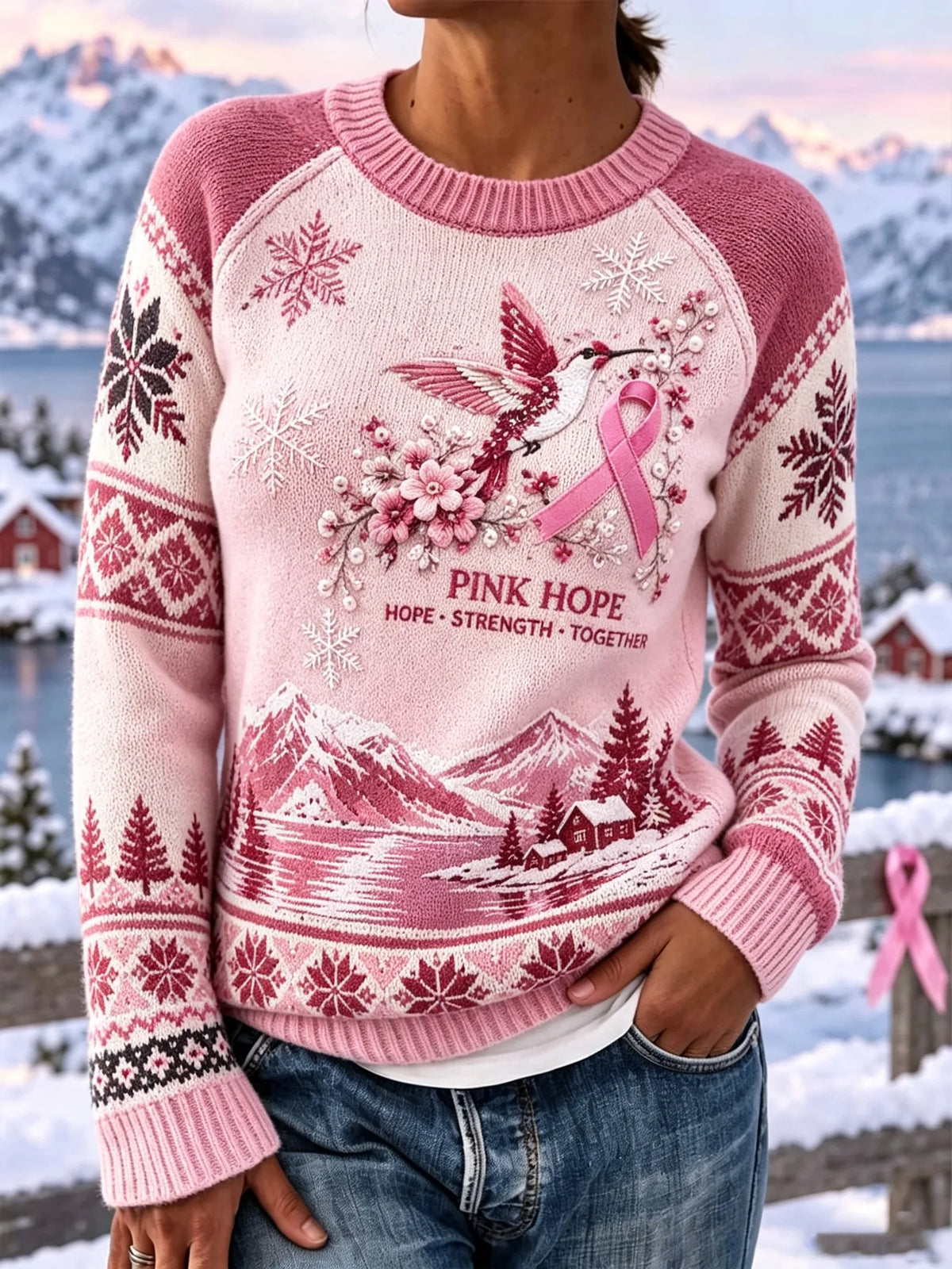 Women's Winter Theme For Breast Cancer Prevention And Awareness Printed Casual Sweatshirt